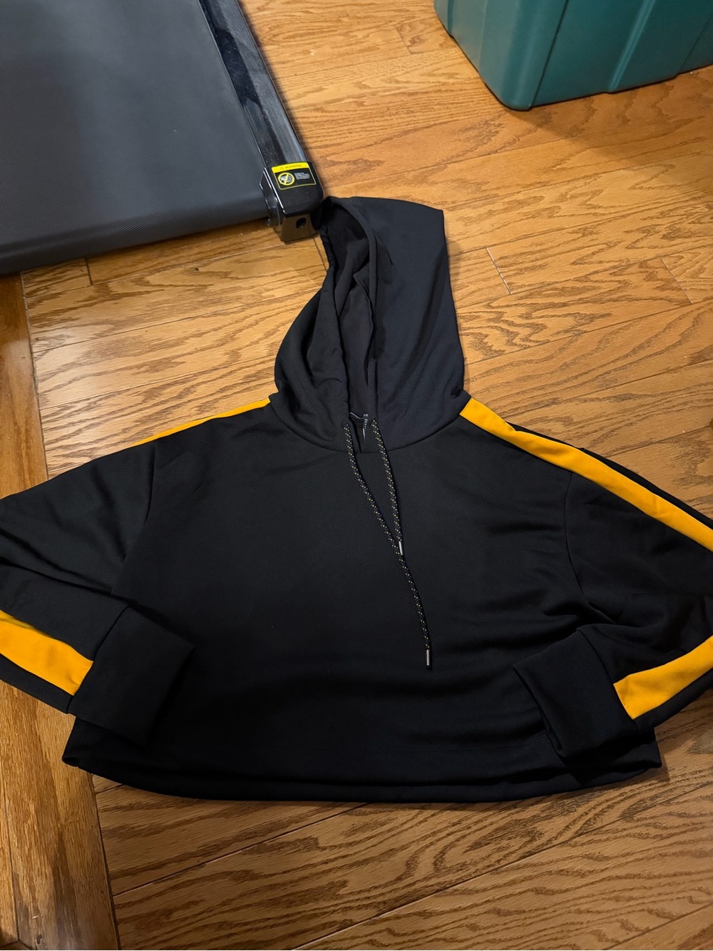 Forever 21 Black Crop Hoodie with Yellow Sleeve Stripes
